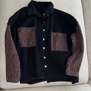 Black and Brown Leopard Print Denim Jacket